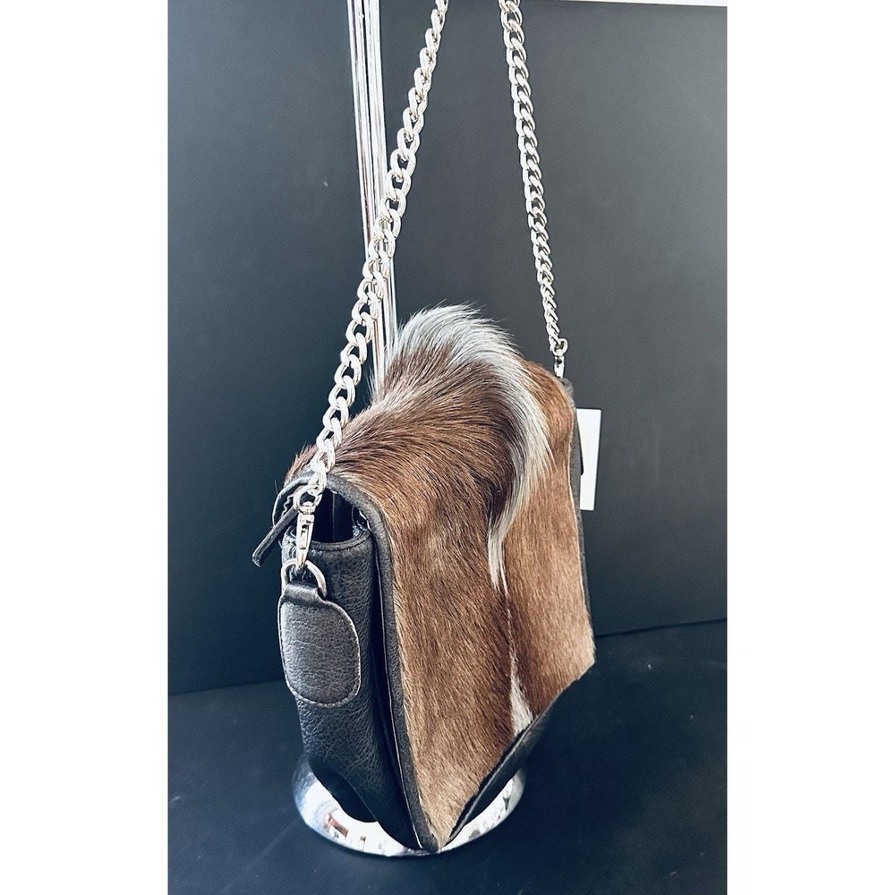 Vash fur leather purse, shoulder bag, springbok fur, leather tassle. Gray. New.